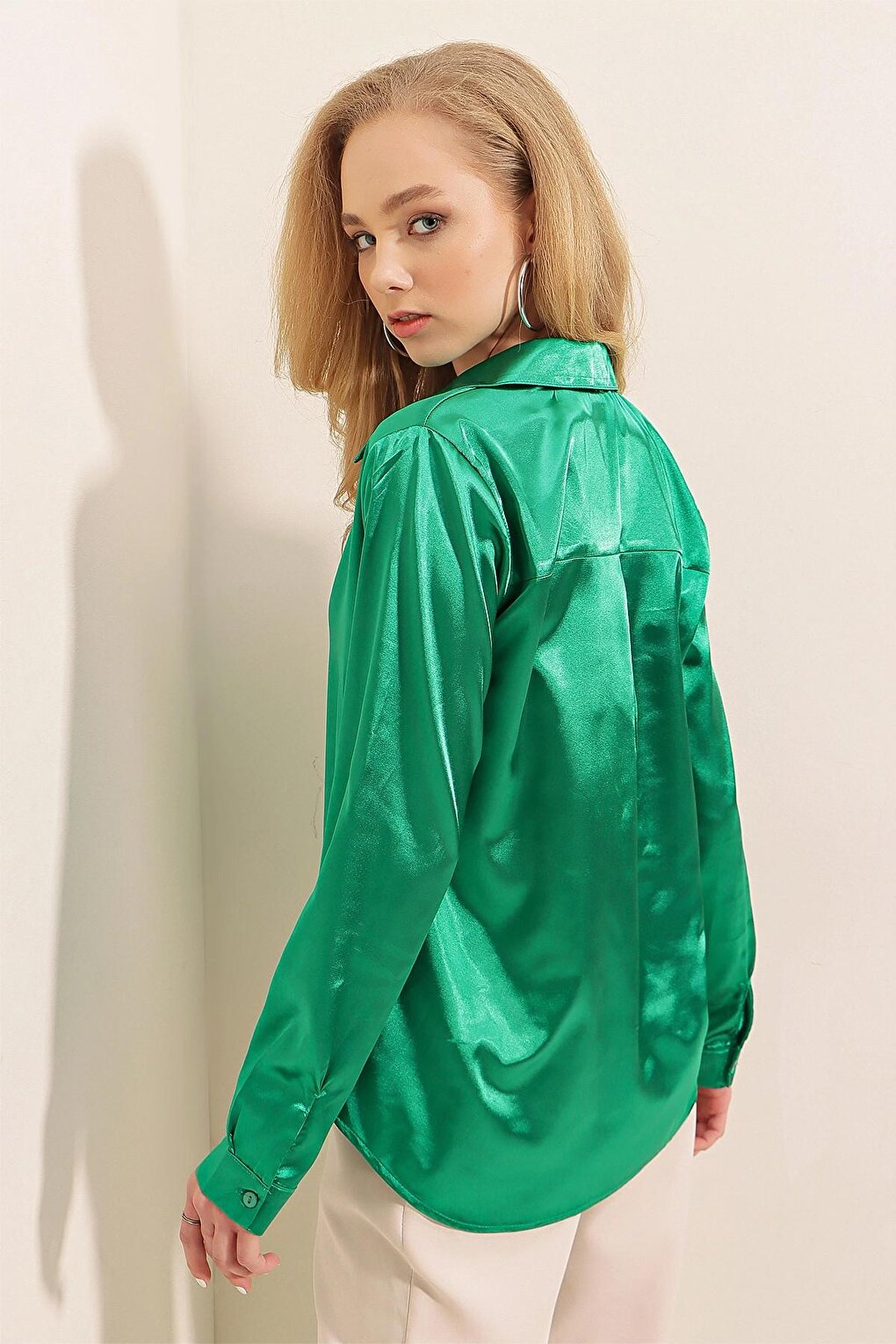 Dark Green Draped Viscose Basic Satin Shirt