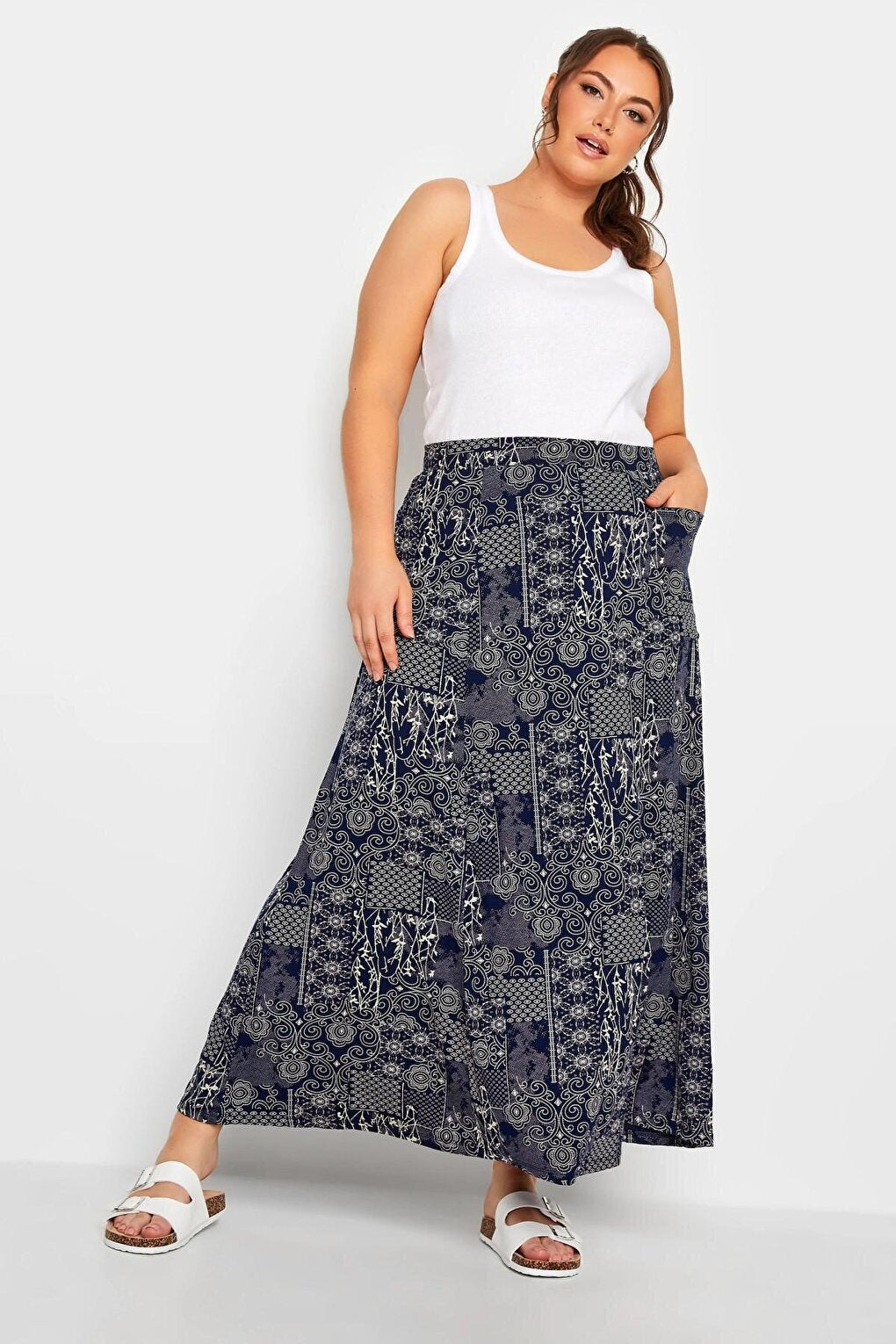 Plus Size Pocket Detailed Patterned Long Cut Skirt with Elastic Waist 302289