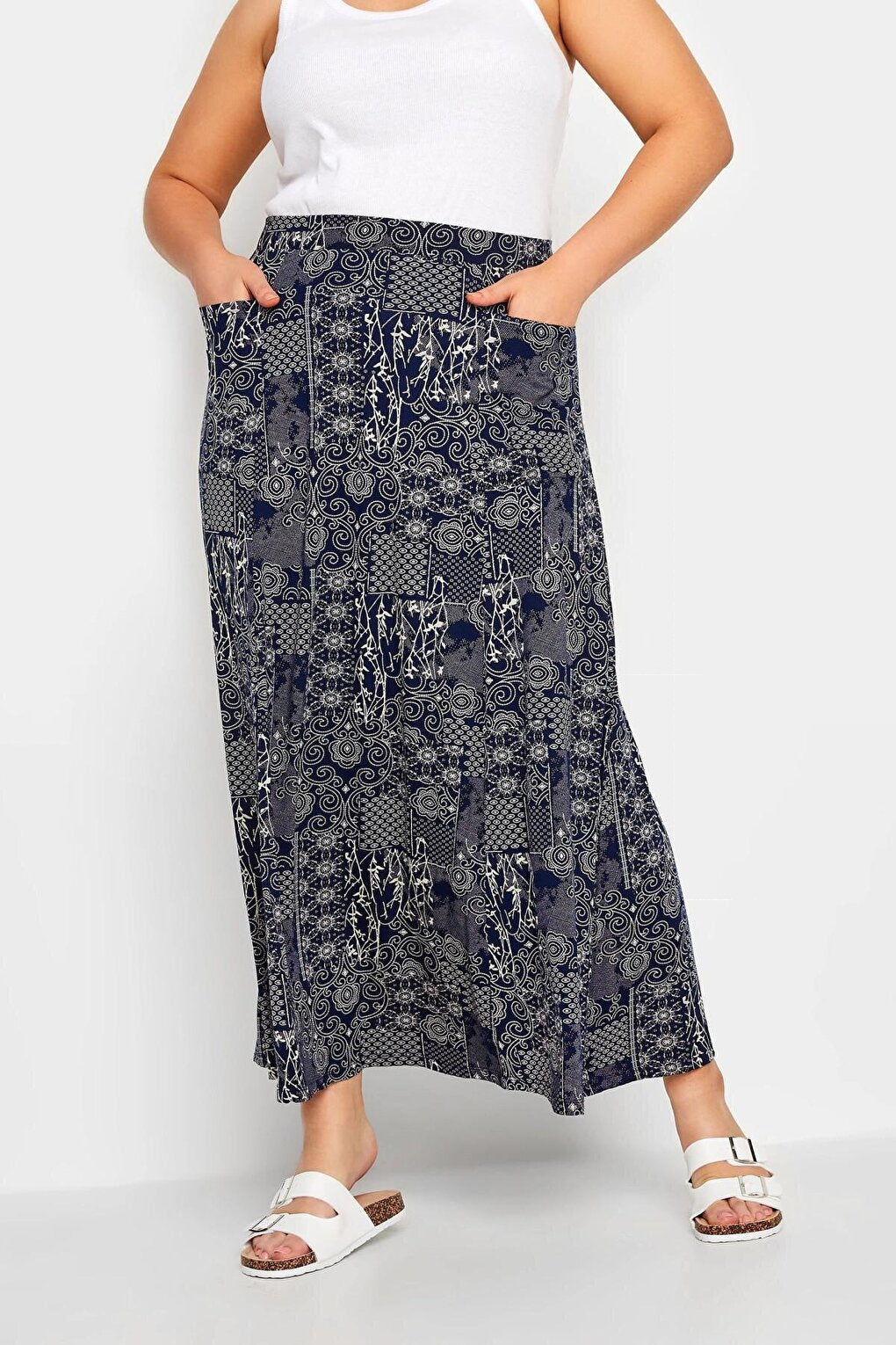 Plus Size Pocket Detailed Patterned Long Cut Skirt with Elastic Waist 302289