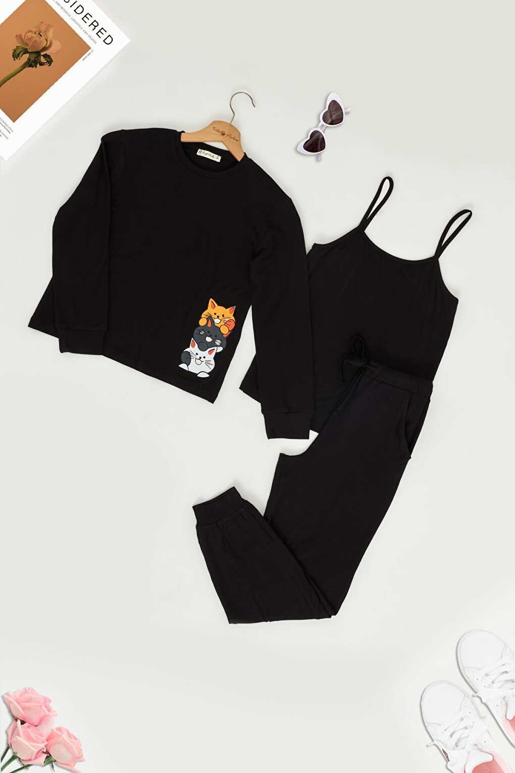 3 Piece Tshirt Tank Top Jogger Black Cat Printed Suit