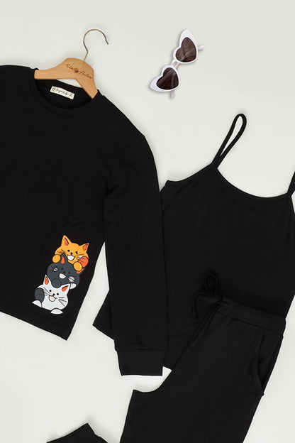 3 Piece Tshirt Tank Top Jogger Black Cat Printed Suit