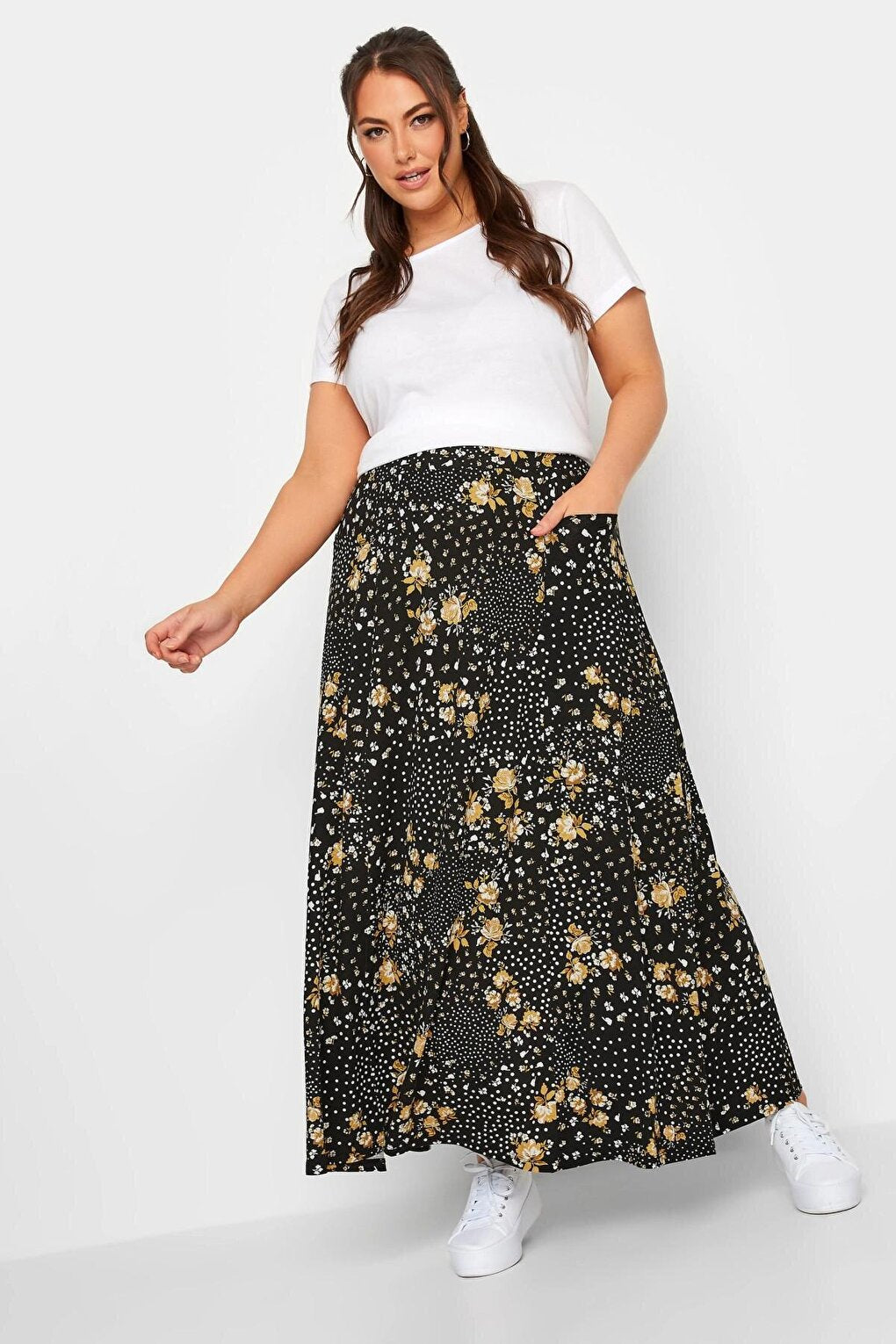 Plus Size Pocket Detailed Patterned Long Cut Skirt with Elastic Waist 302288