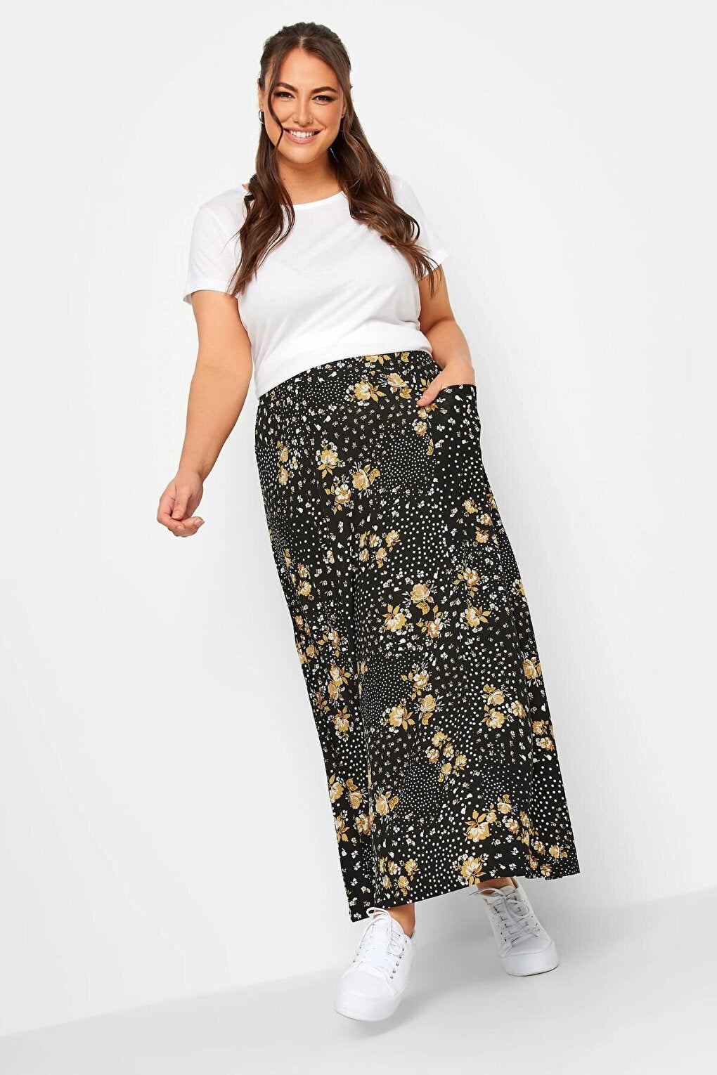 Plus Size Pocket Detailed Patterned Long Cut Skirt with Elastic Waist 302288