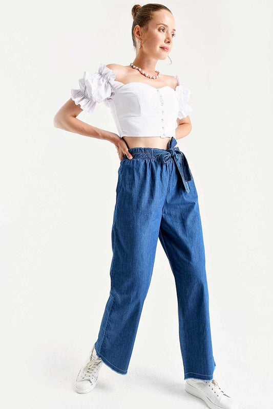 Blue High Waist Loose Elastic Waist Jean Trousers