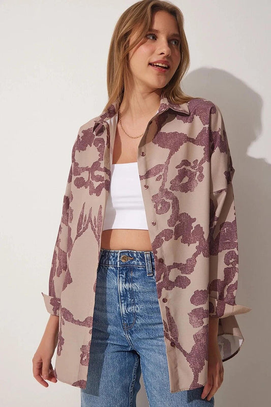 Dusty Rose Patterned Oversize Basic Shirt