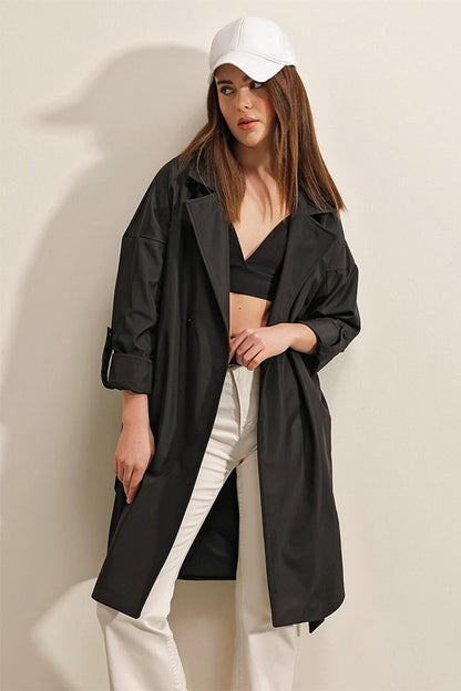 Black Double Breasted Collar Tie Waist Folded Sleeve Trench Coat