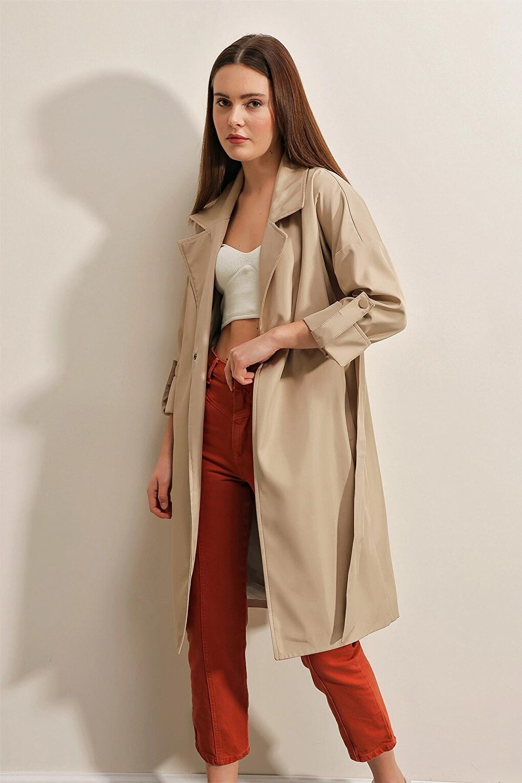 Beige Double Breasted Collar Tied Waist Folded Sleeve Trench Coat