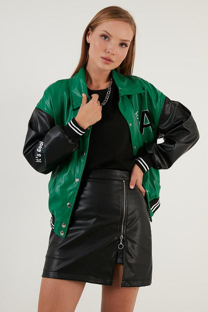 Oversize Pocketed Bomber Faux Leather Jacket 6230104