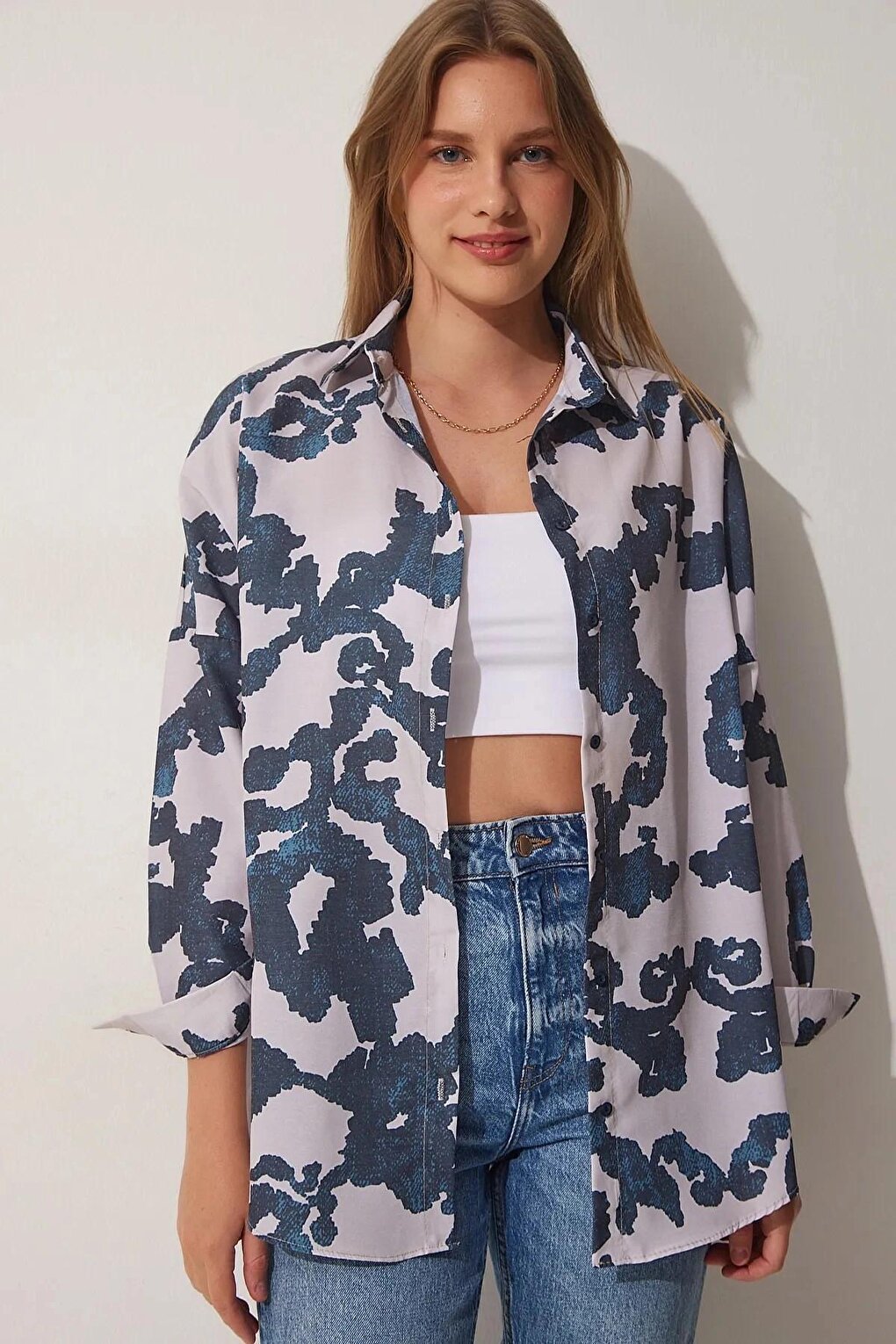 Smoked Patterned Oversize Basic Shirt