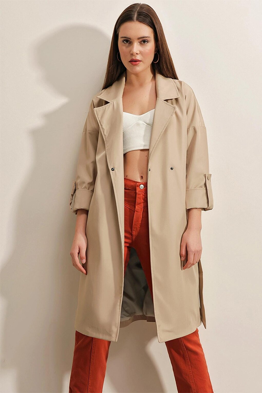 Beige Double Breasted Collar Tied Waist Folded Sleeve Trench Coat