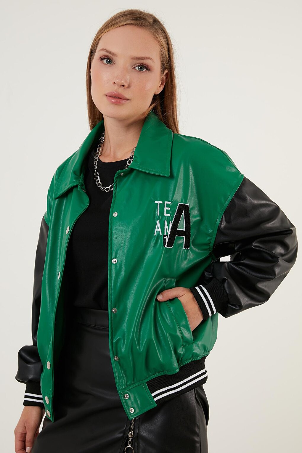 Oversize Pocketed Bomber Faux Leather Jacket 6230104