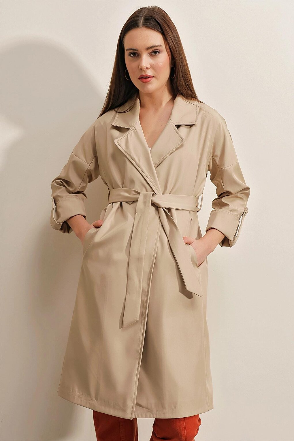 Beige Double Breasted Collar Tied Waist Folded Sleeve Trench Coat