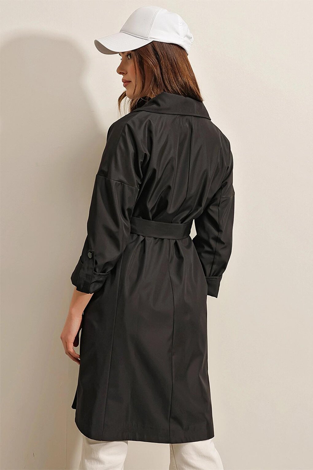 Black Double Breasted Collar Tie Waist Folded Sleeve Trench Coat