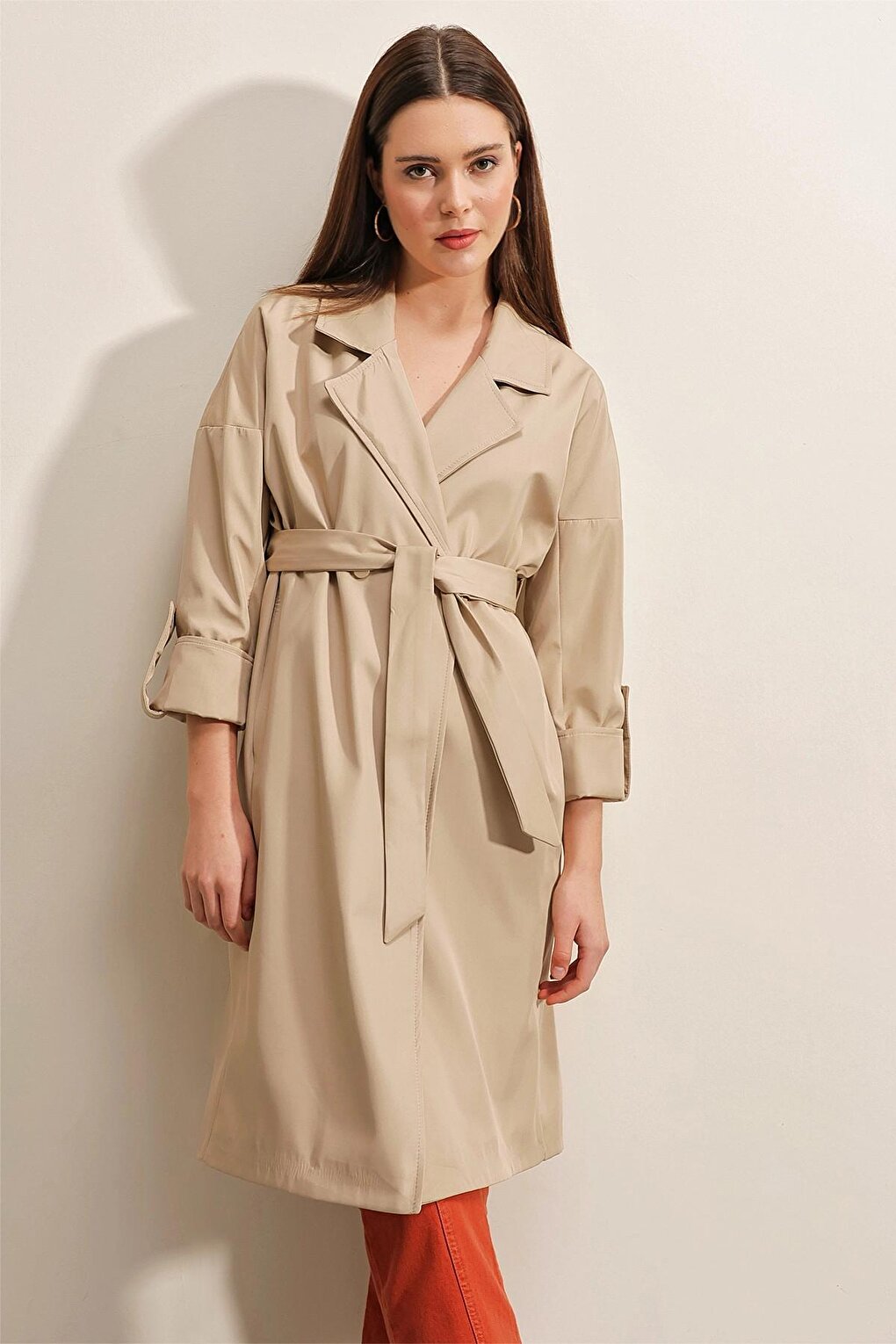 Beige Double Breasted Collar Tied Waist Folded Sleeve Trench Coat