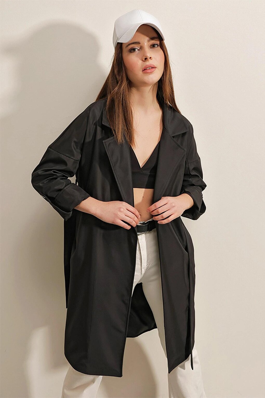 Black Double Breasted Collar Tie Waist Folded Sleeve Trench Coat