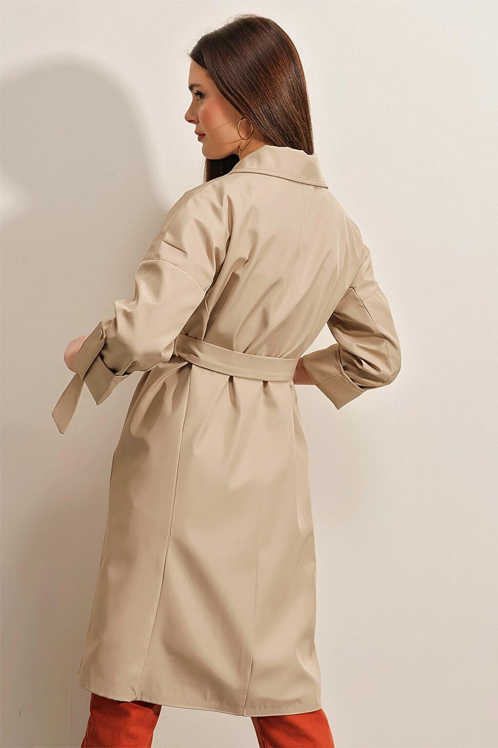 Beige Double Breasted Collar Tied Waist Folded Sleeve Trench Coat