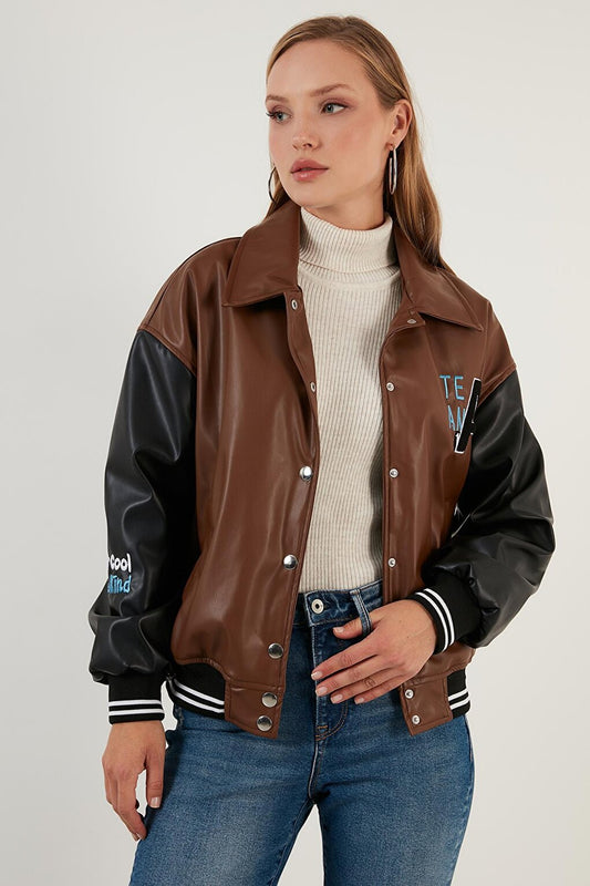 Oversize Pocketed Bomber Faux Leather Jacket 6230104