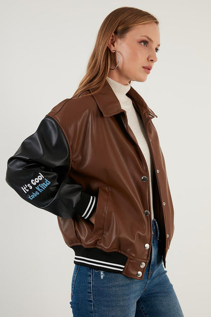 Oversize Pocketed Bomber Faux Leather Jacket 6230104