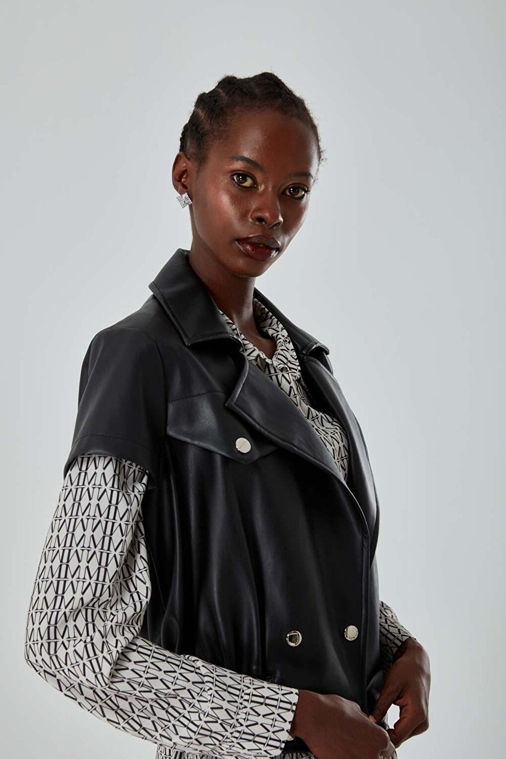 Short Black Jacket with Leather Detail