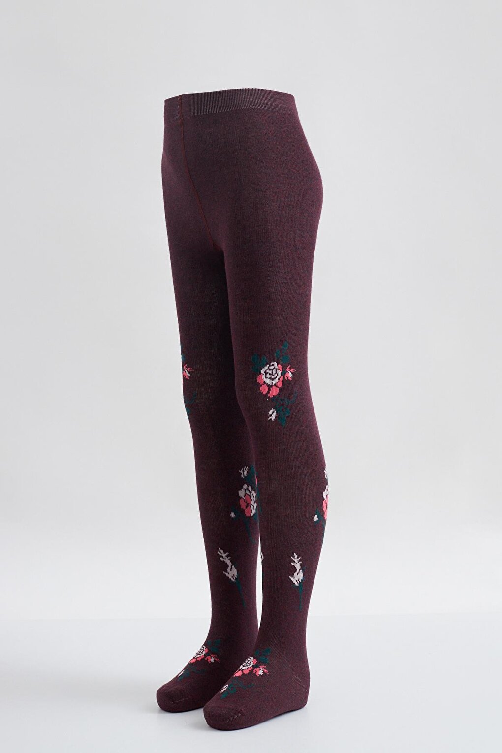 Flower Patterned Children's Pantyhose Claret Red