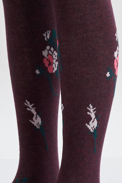 Flower Patterned Children's Pantyhose Claret Red