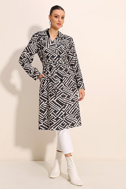 5853 Patterned Double Breasted Collar Trench Coat - C. Black