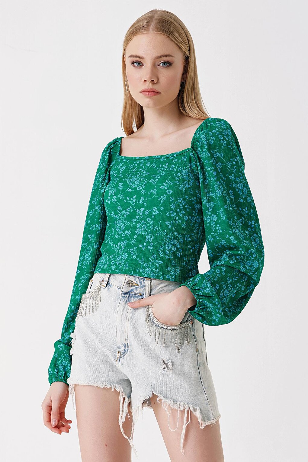 0465 Balloon Sleeve Knitted Blouse - Green