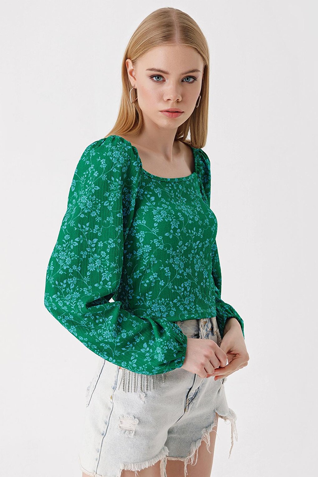 0465 Balloon Sleeve Knitted Blouse - Green