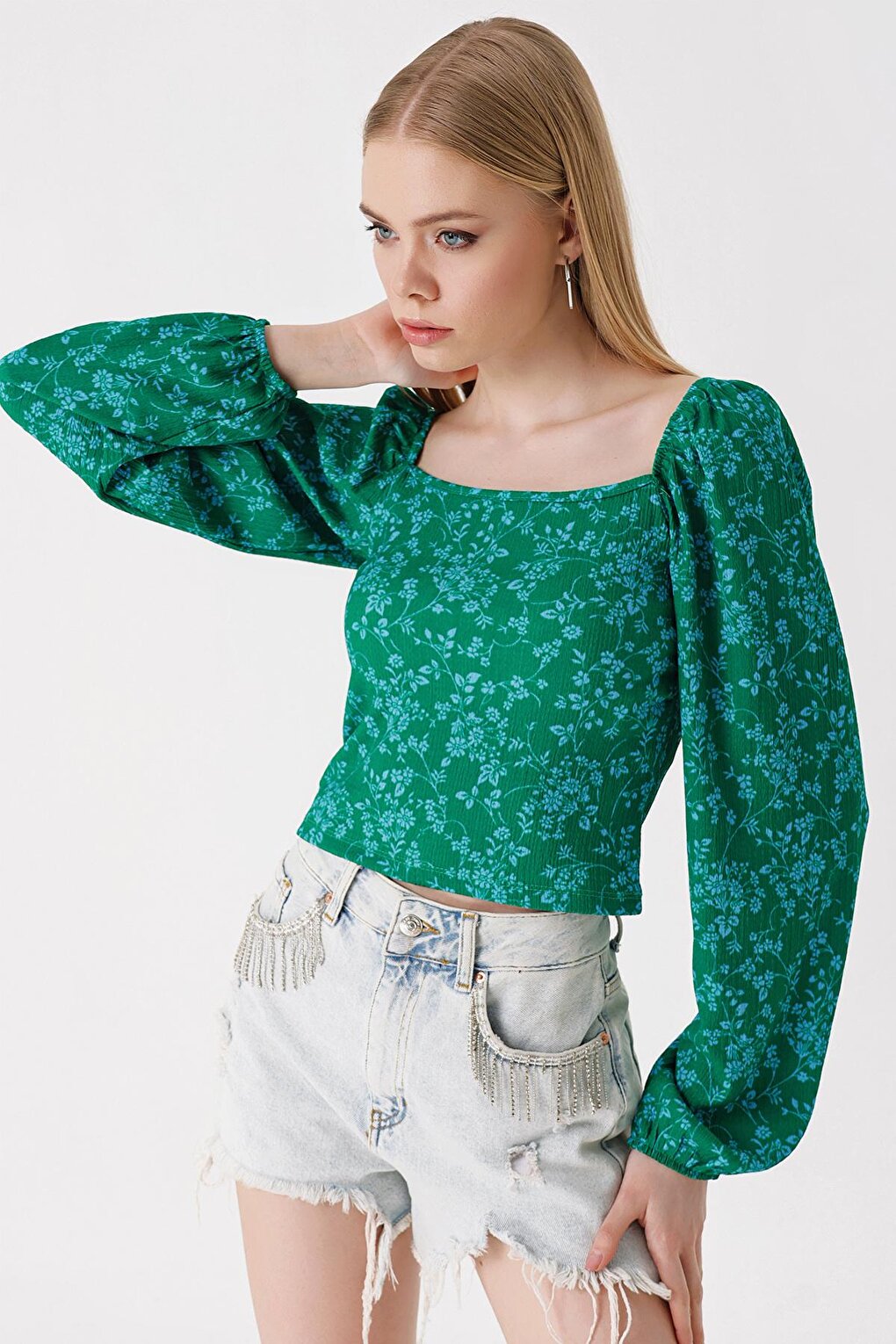 0465 Balloon Sleeve Knitted Blouse - Green