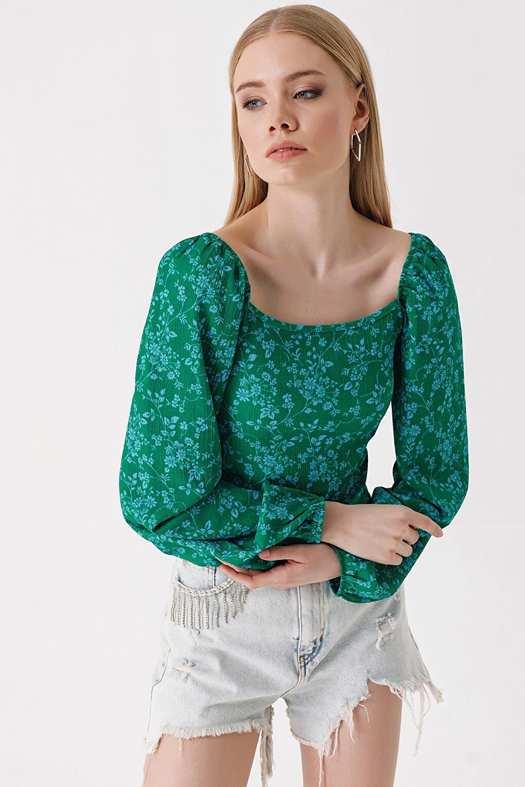 0465 Balloon Sleeve Knitted Blouse - Green