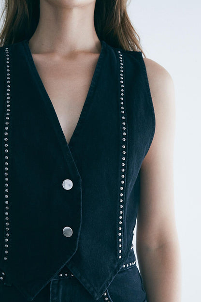 Black Troc Decorated Denim Vest