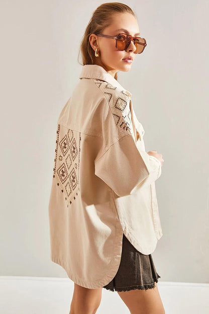 Women's Shoulder and Back Embroidered Double Pocket Gabardine Jacket