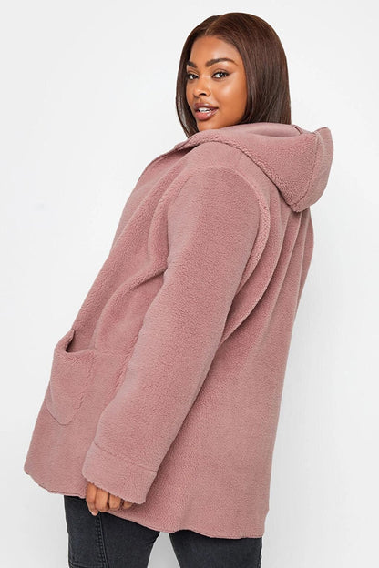 Large Size Hooded Buttonless Plush Thin Jacket with Front Pockets 120851