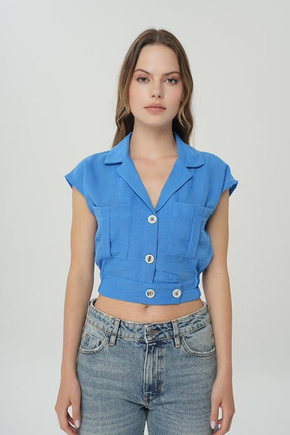 Blue Button Buttoned Elastic Waist Shirt 75426-189