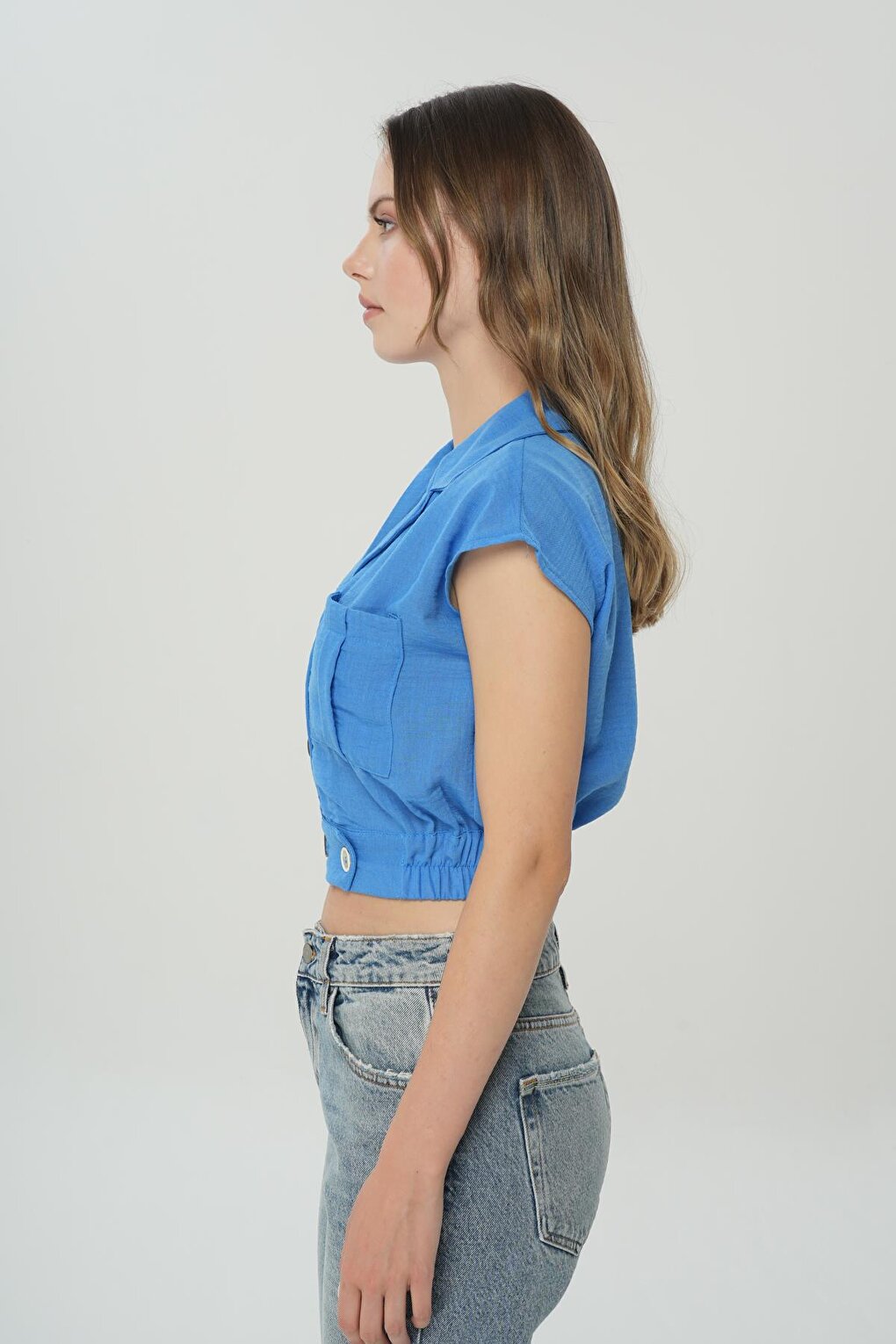 Blue Button Buttoned Elastic Waist Shirt 75426-189