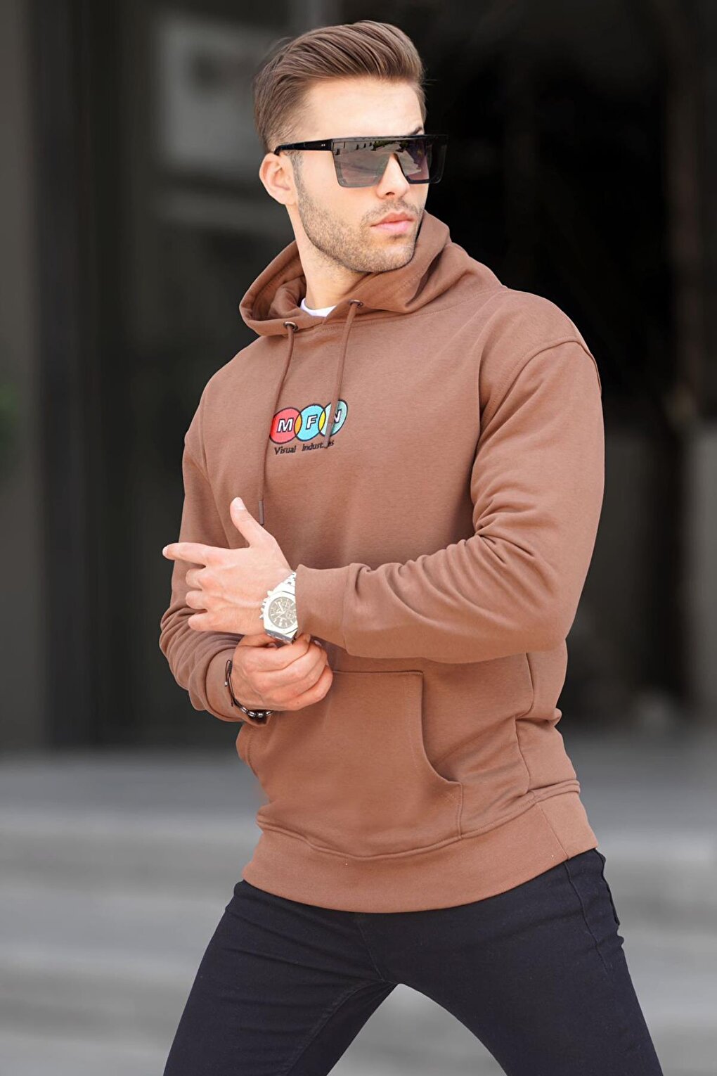 Brown Hooded Embroidered Men's Sweatshirt 6145