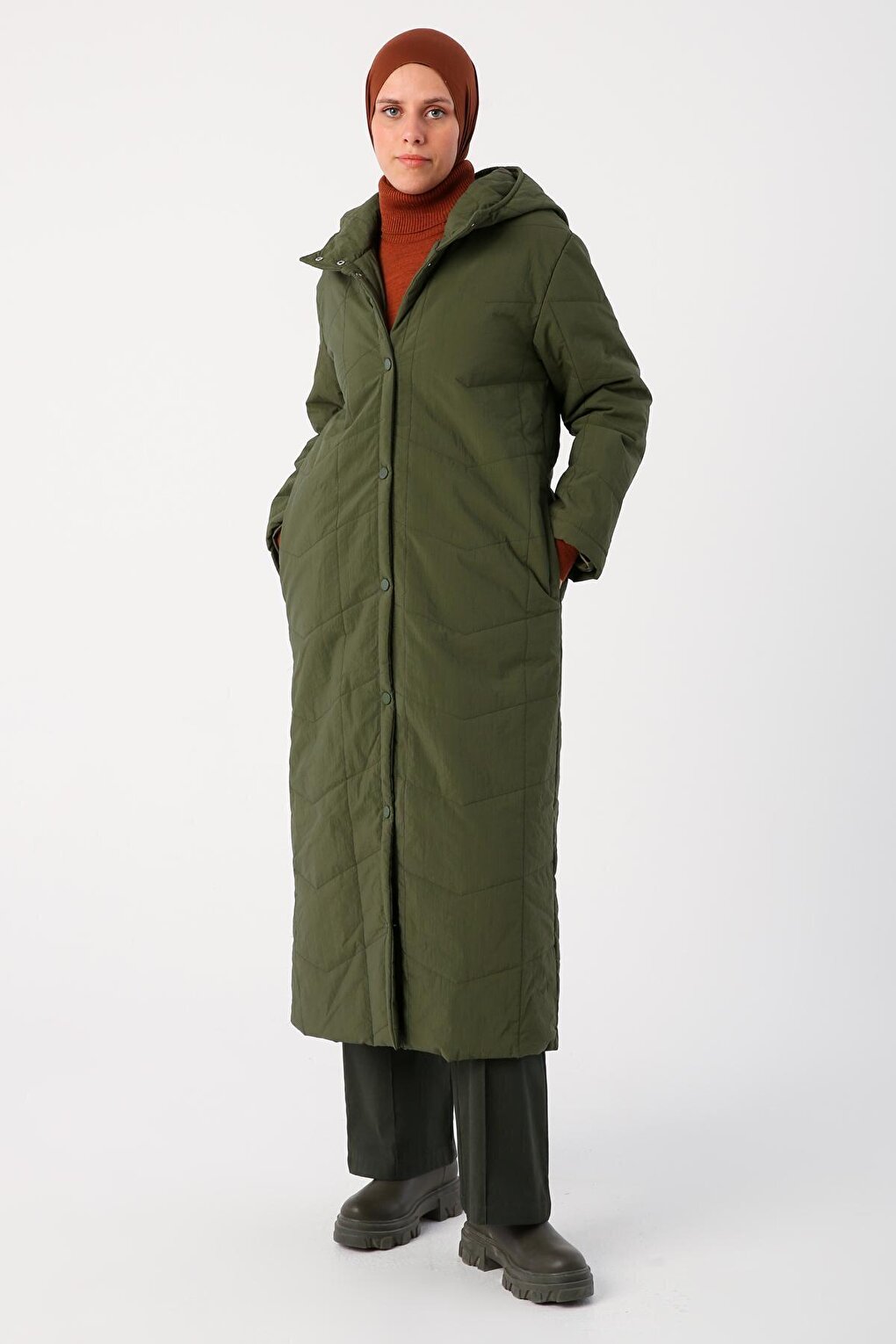 Khaki Hooded Long Quilted Coat with Snap Fasteners