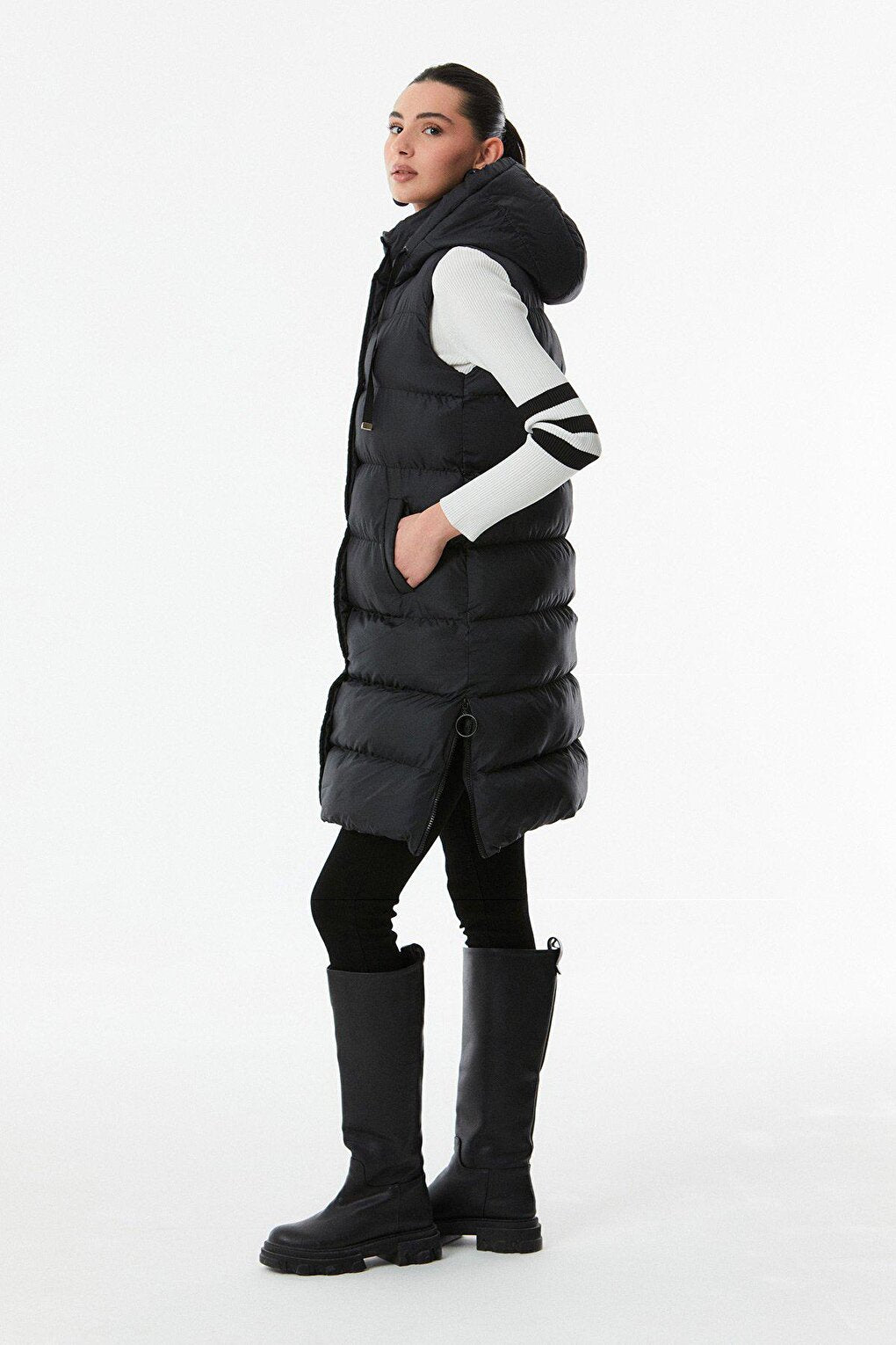 Hooded Puffer Vest with Side Zipper