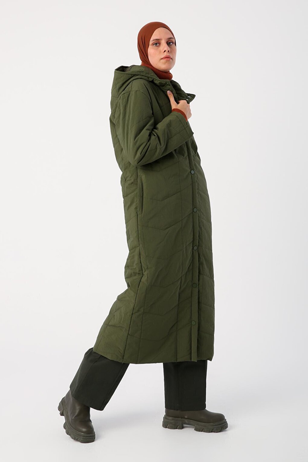 Khaki Hooded Long Quilted Coat with Snap Fasteners