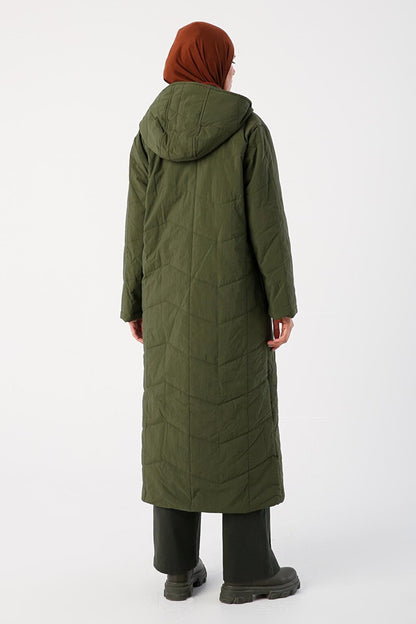 Khaki Hooded Long Quilted Coat with Snap Fasteners