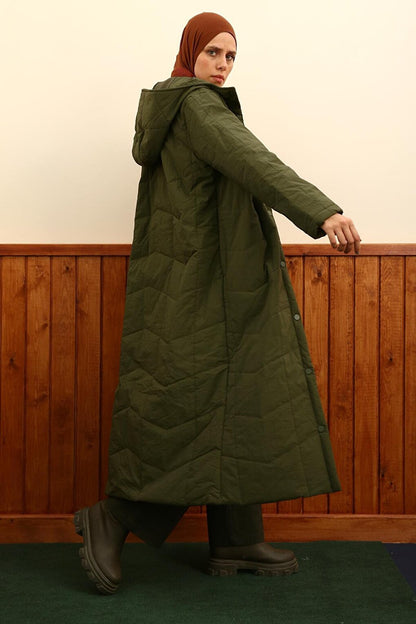 Khaki Hooded Long Quilted Coat with Snap Fasteners