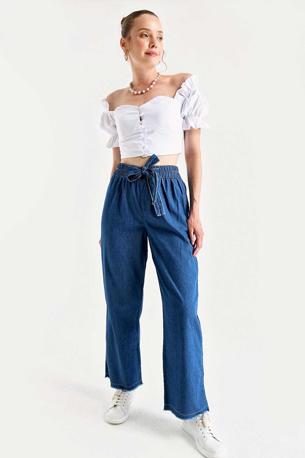 Waist Belted Women's Jean Trousers 6469 - Dark Blue