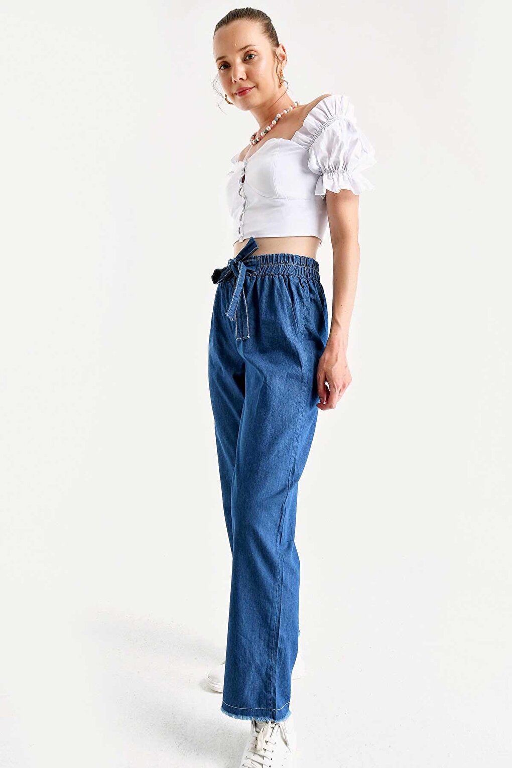 Waist Belted Women's Jean Trousers 6469 - Dark Blue