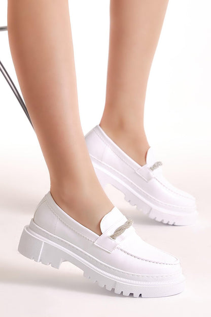 Women's White Stone Embroidered Spiral Detail High Sole Casual Shoes