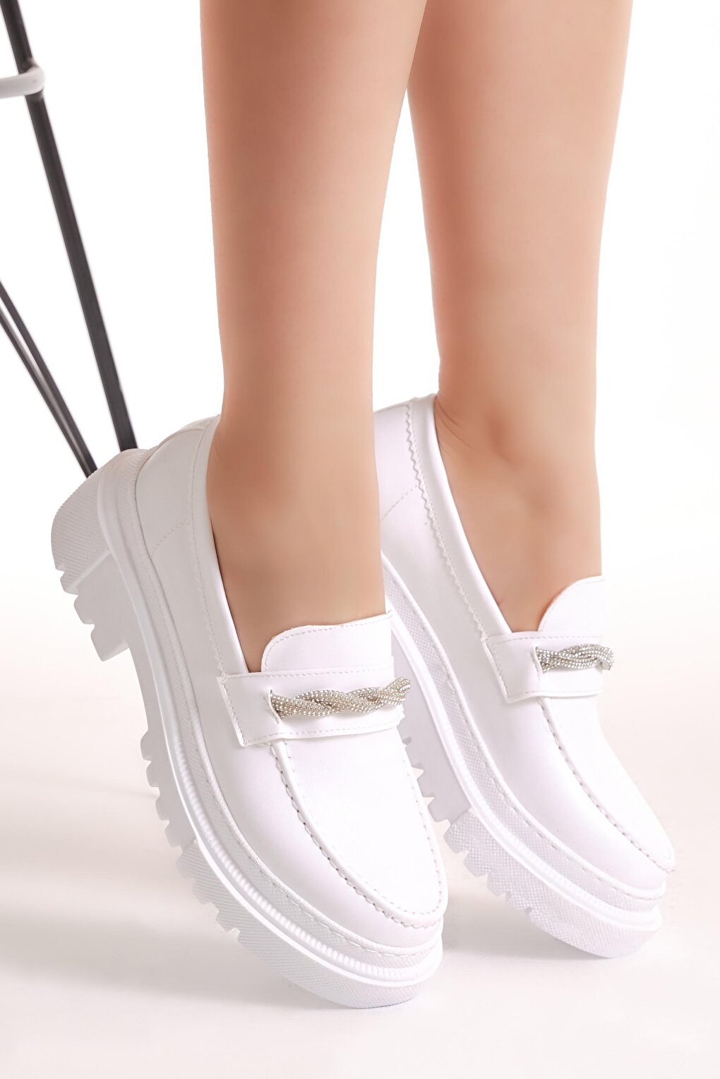 Women's White Stone Embroidered Spiral Detail High Sole Casual Shoes