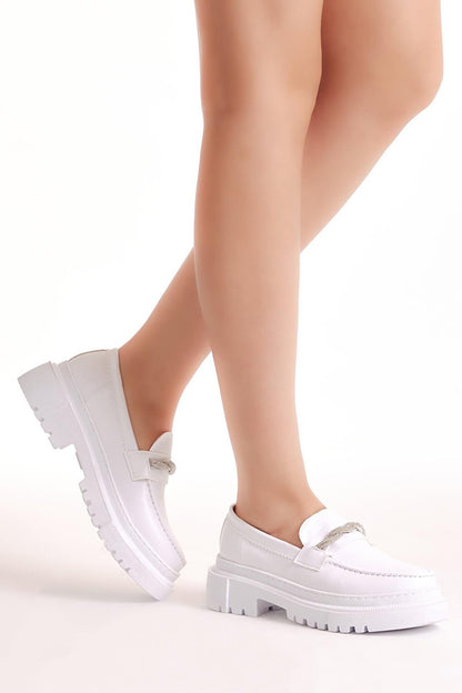 Women's White Stone Embroidered Spiral Detail High Sole Casual Shoes