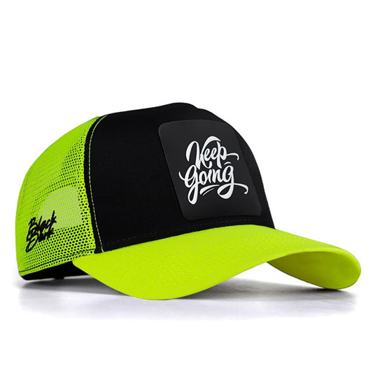 V1 Trucker Keep Going - Unisex Neon Peaked Neon-Black Hat (Cap) with 2 Code Logo