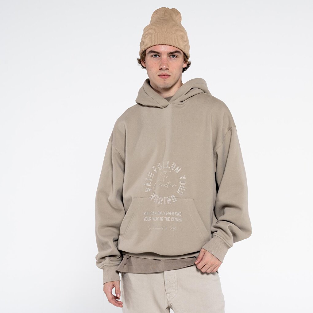 Disu Men's Light Beige Kangaroo Pocket Hooded Extra Oversize Sweatshirt Hoodie