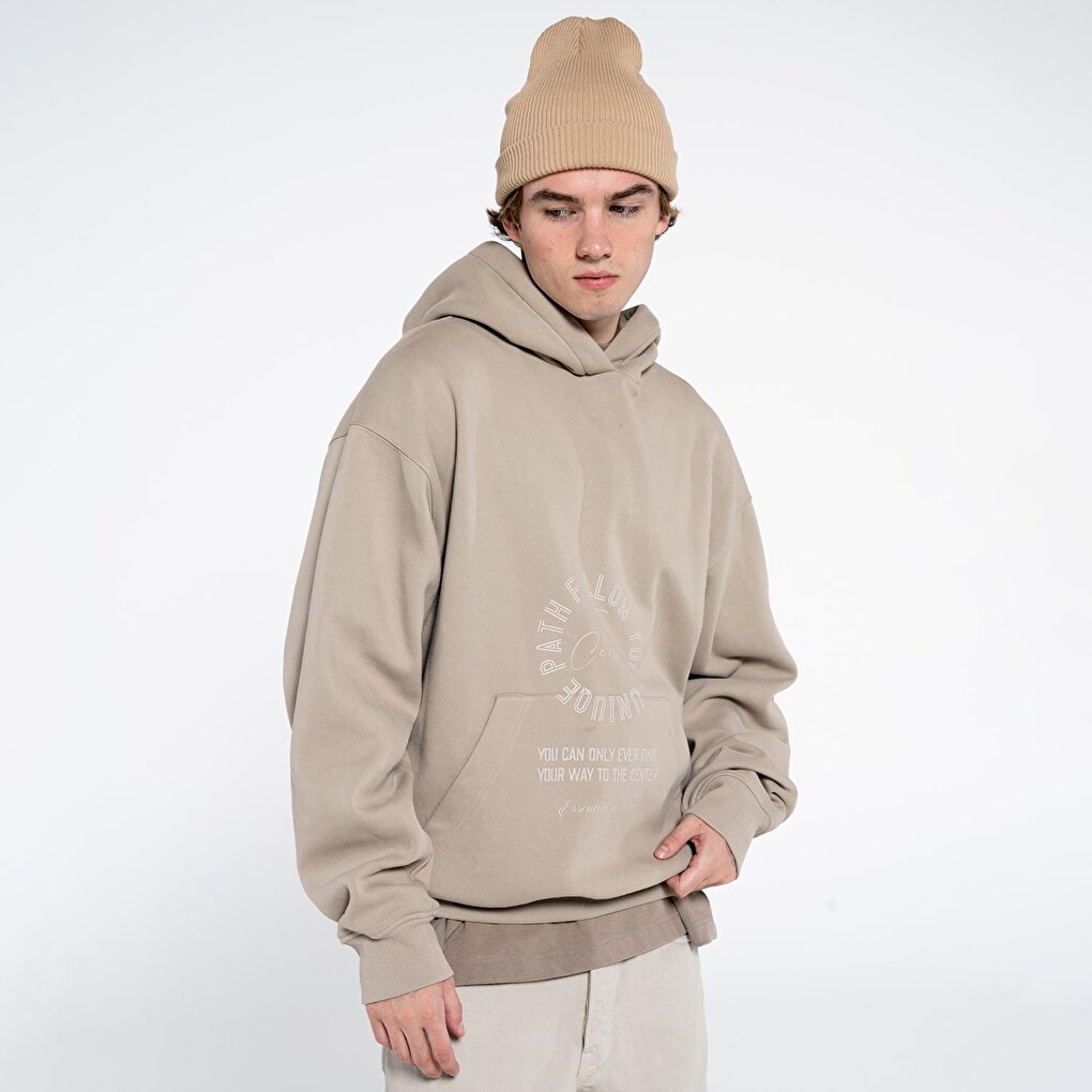 Disu Men's Light Beige Kangaroo Pocket Hooded Extra Oversize Sweatshirt Hoodie