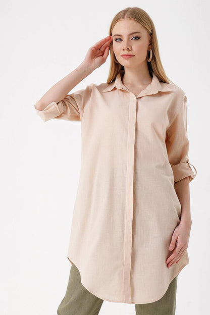 5885 Long Linen Shirt - Beige